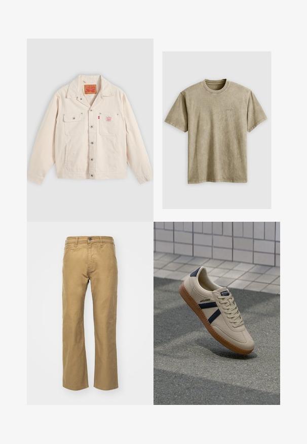 Off-weiße Jacke mit Knopfleiste, zwei Brusttaschen, davon eine mit Knopfklappe, und einem roten Levi's-Logoschild auf der rechten Tasche.; Helles braunes T-Shirt mit kurzen Ärmeln und Rundhalsausschnitt, aus weichem Stoff gefertigt. Verfügt über ein kleines, gesticktes Logo auf der Brust.; Khakihosen aus Baumwolle. Gerader Schnitt mit einem Bund und Fronttaschen. Verfügt über eine einzelne Gesäßtasche und subtile Nähdetails.; Beige Sneaker mit strukturierter Oberfläche, dunkelblauen Streifen und Gummisohle. Verfügt über eine gepolsterte Zunge und ein traditionelles Schnürsystem für einen sicheren Sitz.
