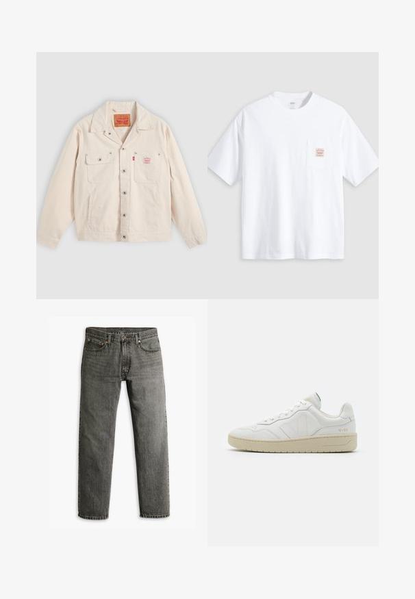 Gebroken witte jasje met knopen, voorzien van twee borstzakken, waarvan één met een knoopklep, en een rood Levi's logotabbord op de rechterzak.; Witte T-shirt met korte mouwen en ronde hals, met een klein borstzakje aan de voorkant met een beige en rood rechthoekig label.; Grijze denim jeans met een recht model, klassieke vijf-pocket styling en subtiele stiksels op de naden en zakken.; Witte leren sneakers met een gestructureerde afwerking en een gevoerde kraag. Voorzien van een beige rubberen zool en subtiele branding op de hiel en zijkant.