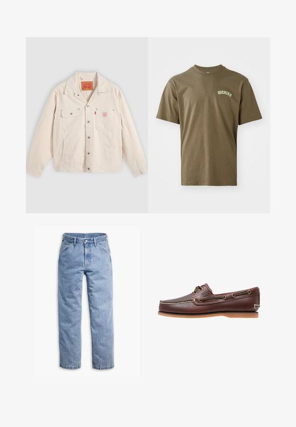Svetlo krémová bunda na zapínanie na gombíky s dvoma náprsnými vreckami, jedno so zapínacou klopou a červená tabuľka s logom Levi's na pravom vrecku.; Olivovo zelené bavlnené tričko s krátkymi rukávmi, okrúhlym výstrihom a malým bielym logom "Dickies" potlačeným na ľavej hrudi. Hladká textúra.; Svetlomodré rifle s rovnými nohavicami, s predným zapínaním na gombík a zips, pútkami na opasok a šikmými prednými vreckami.; Hnedá kožená lodná topánka s bielym prešívaním, detailmi na šnúrky a svetlohnedou gumovou podrážkou, zobrazená z boku na bielom pozadí.
