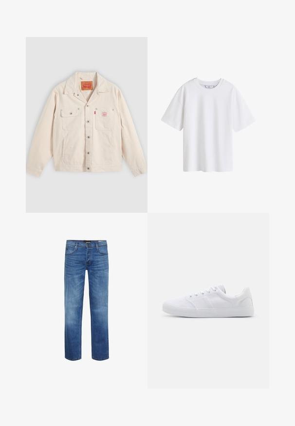 Valkoinen nappikiinnitteinen takki, jossa on kaksi rintataskua, joista toisessa on nappiläppä, ja oikeassa taskussa punainen Levi's-logo.; Yksinkertainen valkoinen lyhythihainen puuvillainen t-paita pyöreällä kaula-aukolla, esitetty edestä valkoisella taustalla.; Vaaleansiniset farkut, joissa on haalistunut pinta, suora leikkaus, viisi taskua ja vetoketju. Varustettu ruskeilla saumoilla ja logopaneelilla.; Valkoiset kangaskengät, joissa on kumipohja, kuusi nauha-aukkoa, teksturoitu varvaskuppi ja minimalistinen muotoilu.