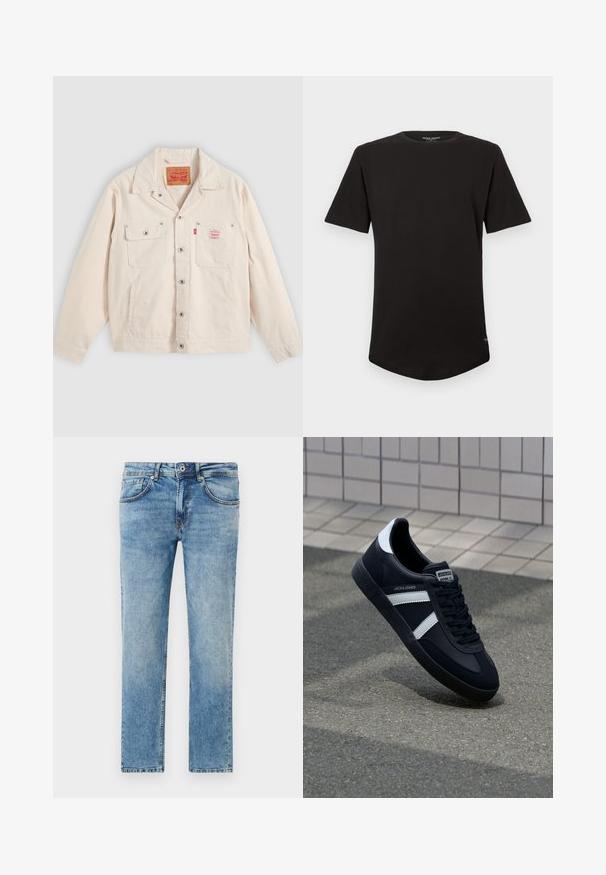 Off-white knapjakke med to brystlommer, den ene med klap og knap, samt en rød Levi's logo etiket på højre lomme.; Sort kortærmet T-shirt med rund hals og buet nederste kant, samt et lille logo-tag nær side sømmet i bunden.; Lysblå jeans lavet af denim med et lige ben-design, der har fem lommer, subtile stingdetaljer og en falmet finish.; Sort lædersneaker med hvide striber, tekstureret gummisål og snørrebånd foran. Har et brandet mærke på tungen.