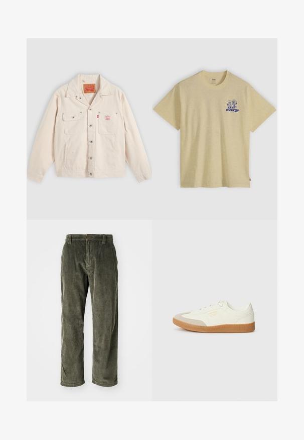 Off-weiße Jacke mit Knopfleiste, zwei Brusttaschen, davon eine mit Knopfklappe, und einem roten Levi's-Logoschild auf der rechten Tasche.; Beiges Levi's T-Shirt mit blauem Motiv von zwei Comicfiguren und Levi's-Logo auf der linken Brust, kurze Ärmel, Rundhalsausschnitt.; Olivgrüne Cordhosen mit vertikalen Rippungen, ausgestattet mit einem Knopfverschluss und einem geraden Schnitt. Weicher Stoff mit klassischer Passform.; Sneaker aus weißem Leder mit einer beigen Zehenkappe und leichter brauner Gummisohle. Verfügt über flache weiße Schnürsenkel und geprägtes Branding an der Seite.