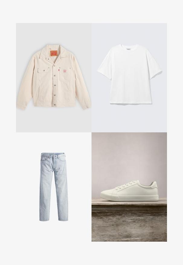 Off-weiße Jacke mit Knopfleiste, zwei Brusttaschen, davon eine mit Knopfklappe, und einem roten Levi's-Logoschild auf der rechten Tasche.; Weißes oversized T-Shirt mit kurzen Ärmeln und Rundhalsausschnitt mit eingesetzten Schultern, flach auf hellgrauem Hintergrund.; Hellblaue Denim-Jeans mit geradem Bein, Knopfleiste, fünf Taschen und subtilen Verwaschungen. Mit metallischen Hardware-Details ausgestattet.; Weiße Schnürsneaker, die über einer Holzbank mit grünem Laub im Hintergrund schweben und das Schuhdesign sowie die Textur zeigen.