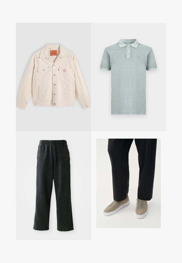 Valge varjundiga särgijakk, millel on kaks rinnataskut, üks neist nööbiga kaetud, ning punane Levi's logo silt paremal taskul.; Heleroheline lühikeste varrukatega polohemd kahe valge nupu ja tagasihoidliku "GAP" logoga vasakul rinnal, valgel taustal.; Mustad mustadest teksad, mis on valmistatud tekstureeritud kangast, elastse vöökoha, küljetaskute ja laia lõikega sirgete jalgadega.; Heledad hallitavad hallid nahast tossud valge kummist tallaga, ringjate nööride ja minimalistliku disainiga, kombineerituna mustade püksidega.
