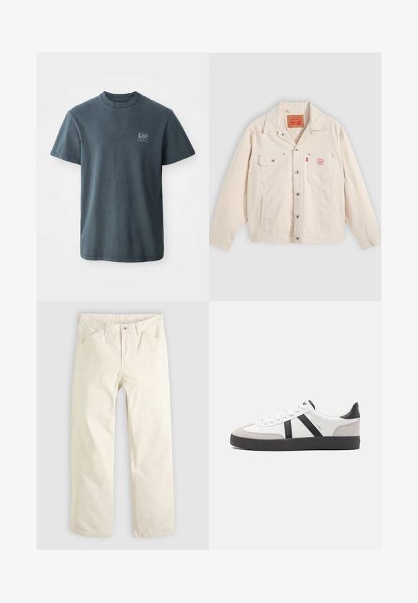 Off-weiße Jacke mit Knopfleiste, zwei Brusttaschen, davon eine mit Knopfklappe, und einem roten Levi's-Logoschild auf der rechten Tasche.; Dunkelgraues Baumwoll-T-Shirt mit Rundhalsausschnitt, kurzen Ärmeln und einem kleinen aufgedruckten Logo auf der linken Seite. Klassische Passform mit geradem Saum.; Hellbeige Baumwollhose mit lockerem Schnitt, geraden Beinen und Vordertaschen. Verfügt über einen Knopfverschluss und ein einfaches, klares Design.; Weiße Sneaker mit schwarz- und grau-aczenten, ausgestattet mit einer strukturierten grauen Zehenkappe, schwarzer Gummi-Sohle und flachen weißen Schnürsenkeln. Sauberes Design, minimalistische Stil.