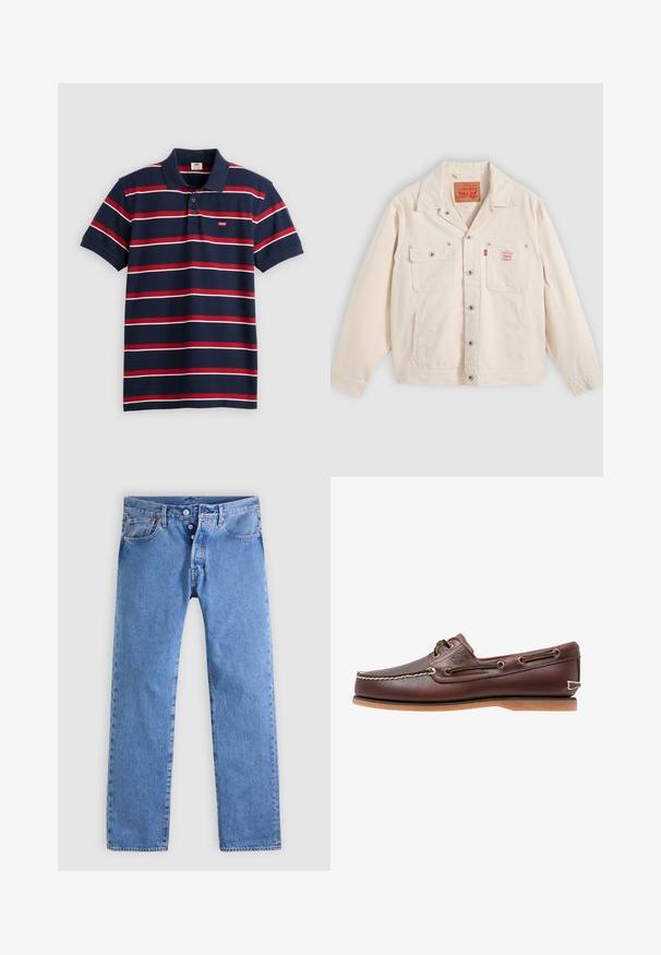 Svetlo krémová bunda na zapínanie na gombíky s dvoma náprsnými vreckami, jedno so zapínacou klopou a červená tabuľka s logom Levi's na pravom vrecku.; Námornícka modrá polo košeľa s červenými a bielymi horizontálnymi pruhmi, trojitou gombíkovou légou a malým logom Levi's na hrudi. Mäkkučký bavlnený materiál.; Svetlomodré rifle z denimu s rovnými nohavicami, päť vreciek a zapínanie na dva gombíky. Charakterizované minimálnym vyblednutím a kontrastným prešívaním.; Hnedá kožená lodná topánka s bielym prešívaním, detailmi na šnúrky a svetlohnedou gumovou podrážkou, zobrazená z boku na bielom pozadí.