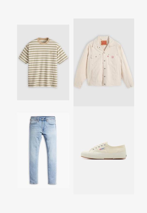 Svetlo krémová bunda na zapínanie na gombíky s dvoma náprsnými vreckami, jedno so zapínacou klopou a červená tabuľka s logom Levi's na pravom vrecku.; Krátky rukáv pruhované tričko v béžovej a zelenej farbe, s horizontálnymi pruhmi, okrúhlym výstrihom a jemným logom Levi's na prednej strane.; Svetlo modré slim-fit denimové džínsy s uzáverom na gombík a zips, pätimi vreckami a jemným plytvaním po celej dĺžke nohavíc.; Béžové plátené tenisky s nízkym profilom, kovovými očkami a gumovou podrážkou. Obsahujú textúrovaný vzor a detail loga na boku.