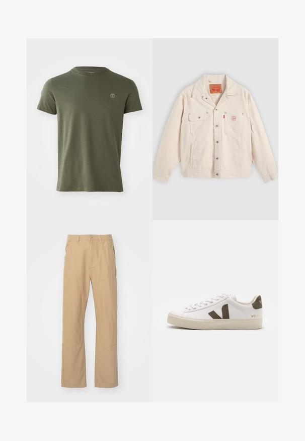 Svetlo krémová bunda na zapínanie na gombíky s dvoma náprsnými vreckami, jedno so zapínacou klopou a červená tabuľka s logom Levi's na pravom vrecku.; Olive zelené bavlnené tričko s okrúhlym výstrihom, krátkymi rukávmi a malým vyšitým logom na hrudi. Hladká textúra, klasický strih.; Béžové nohavice vyrobené z bavlnenej zmesi, s rovnom strihom, dvoma bočnými vreckami a ďalšími textilnými panelmi pre zvýšenú odolnosť.; Biele kožené tenisky s svetlosivou gumovou podrážkou. Obsahujú hnedú semišovú V logo a jazyk pätky. Šnurovanie s textúrovaným povrchom.