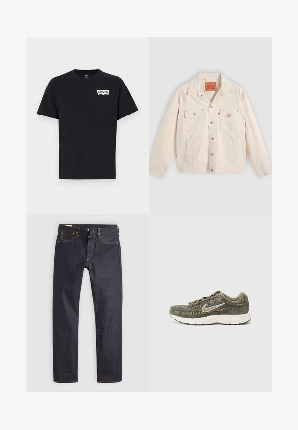 Valkoinen nappikiinnitteinen takki, jossa on kaksi rintataskua, joista toisessa on nappiläppä, ja oikeassa taskussa punainen Levi's-logo.; Mustapaita, jossa on lyhyet hihat, pyöreä pääntie ja pieni valkoinen Levi's-logo vasemmalla puolella edessä.; Tummansiniset denimfarkut suoralla lahkeen leikkauksella, joissa oranssit saumat ja klassinen viiden taskun muotoilu. Nappikiinnitys ja vetoketjullinen etumelu.; Vihreä ja tanvärinen verkkotyyppinen juoksukengä, jossa on paksu valkoinen pohja, hopeinen yksityiskohta ja nauhat sekä teksturoitu pinta.