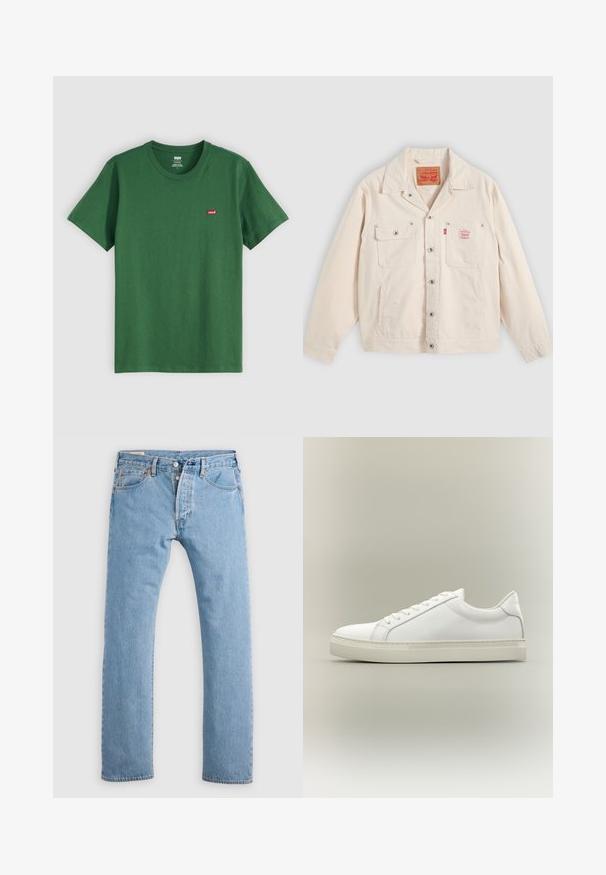 Gebroken witte jasje met knopen, voorzien van twee borstzakken, waarvan één met een knoopklep, en een rood Levi's logotabbord op de rechterzak.; Groene katoenen t-shirt met een ronde hals, korte mouwen en een klein rood Levi's-logo op de linkerkant van de borst. Zachte textuur, normale pasvorm.; Lichtblauwe rechte spijkerbroek met knoopsluiting, riemlussen en voor- en achterzakken, weergegeven op een witte achtergrond.; Witte lage sneaker met veters aan de voorkant en dikke zool, zijaanzicht tegen een neutrale achtergrond.