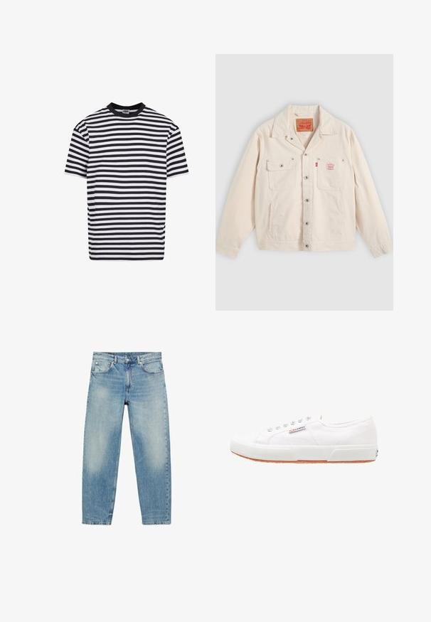 Off-weiße Jacke mit Knopfleiste, zwei Brusttaschen, davon eine mit Knopfklappe, und einem roten Levi's-Logoschild auf der rechten Tasche.; Schwarz-weißer, horizontal gestreifter Kurzarm-T-Shirt mit schwarzem Kragen, von Urban Classics, Größe M.; Blue Jeans mit geradem Bein, vorderen Taschen und Gürtelschlaufen, die leichte Verblassungen an Oberschenkeln und Knien zeigen.; Weiße Leinensneaker mit Gummisohle, Schnürdesign und einem kleinen Logolabel an der Seite. Strukturierte weiße Oberseite und braune Außensohle.