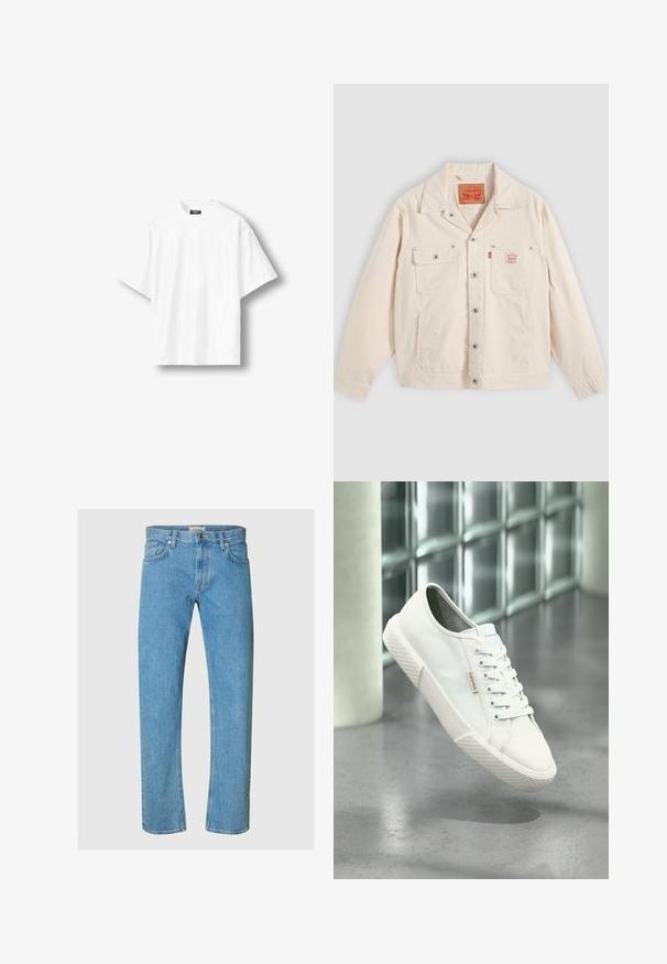 Svetlo krémová bunda na zapínanie na gombíky s dvoma náprsnými vreckami, jedno so zapínacou klopou a červená tabuľka s logom Levi's na pravom vrecku.; Jednofarebné biele oversized tričko s krátkym rukávom a okrúhlym výstrihom, so čiernou nálepkou na vnútornej zadnej strane goliera, zobrazené na svetlom pozadí.; Svetlomodré rifle z denimu majú rovný strih, päť vreciek a rozopínanie na zips so zapínaním na kovový gombík.; Biela nízka teniska Calvin Klein so šnúrkami, gumovou podrážkou a logom, ktorá sa vznáša nad sivou leštenou podlahou pri stene z sklenených blokov.