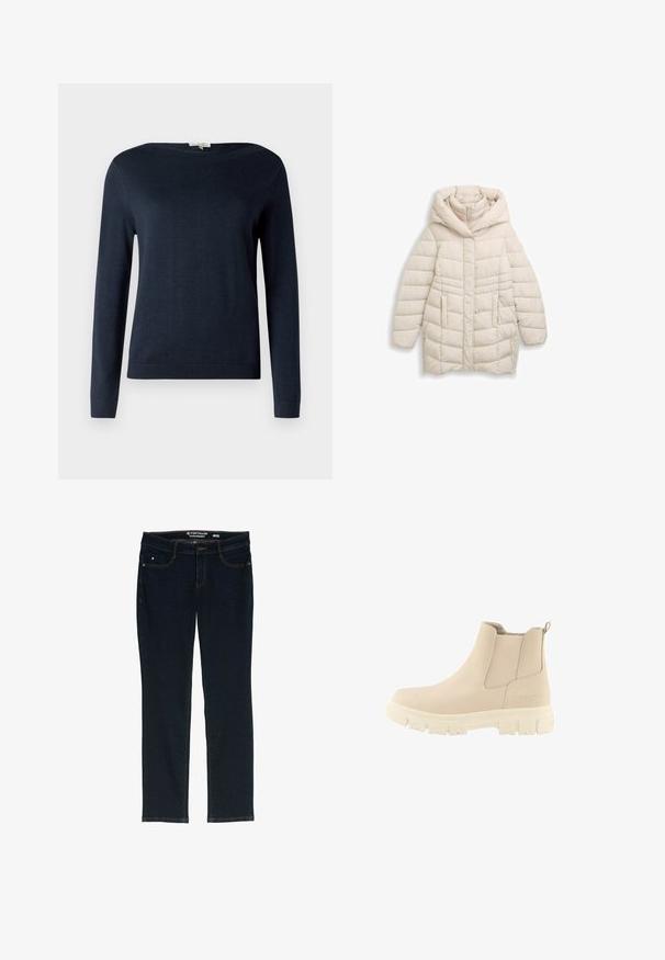 Polstret jakke i lys beige med en stor hætte, lodrette sømme, frontlynlås og to sidelommer. Glat tekstur og varmt design.; Navyblå langærmet sweater med rund hals og ribbede manchetter og kant, vist mod en simpel hvid baggrund.; Mørkeblå lige ben jeans lavet af denim. Har fem lommer, kontrastfarvet orange syning og en linning med mærkets navn.; Beige ankelstøvle med elastiske sidepaneler, tekstureret stof og en tyk hvid gummisål. Med en strammetab for nem påføring.