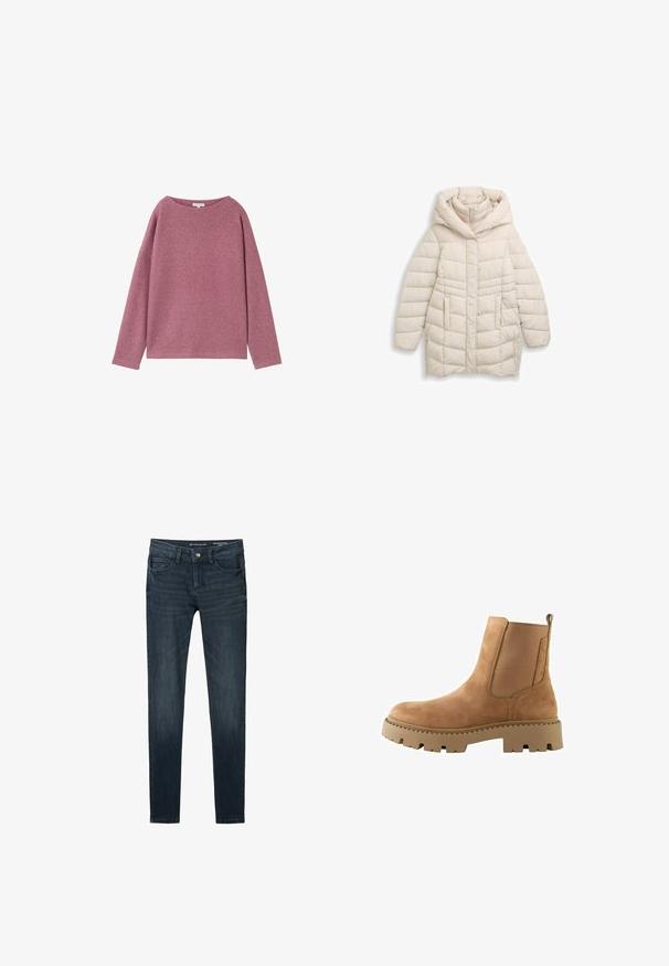 Polstret jakke i lys beige med en stor hætte, lodrette sømme, frontlynlås og to sidelommer. Glat tekstur og varmt design.; Langærmet, løstsiddende sweater i et blødt pink strikmateriale. Rund halsudskæring og sænkede skuldre med en struktureret overflade.; Mørkeblå denim skinny jeans med en glat tekstur, fem-lomme design og lukning med knap foran.; Tan ruskinds ankelstøvle med elastiske sidepaneler, en kraftig gummisål og en strop bagi. Har en afrundet tå og struktureret overflade.
