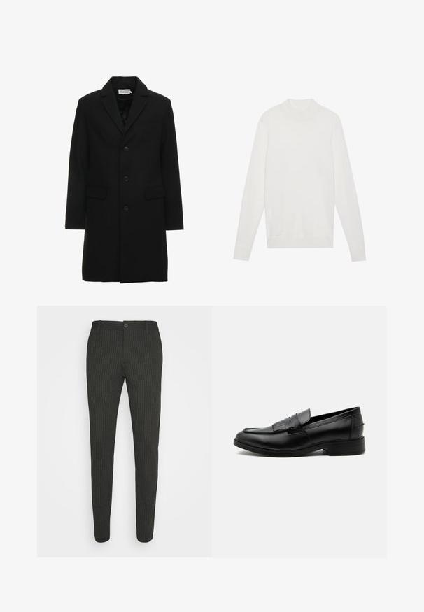 Manteau noir en mélange de laine avec revers à cran, fermeture à bouton simple, deux poches avant et une silhouette ajustée et élégante.; Pull-over blanc avec un col montant, des manches longues et des poignets et un ourlet côtelés. Fabriqué en tissu tricoté doux. Design simple et ajusté.; Pantalons à fines rayures gris foncé avec une coupe ajustée, dotés d'une taille standard et d'une fermeture à un bouton. Texture lisse et design sur mesure.; Mocassin homme en cuir noir avec détail pompon, bout arrondi, talon bas et finition polie lisse, montré de profil sur fond blanc.