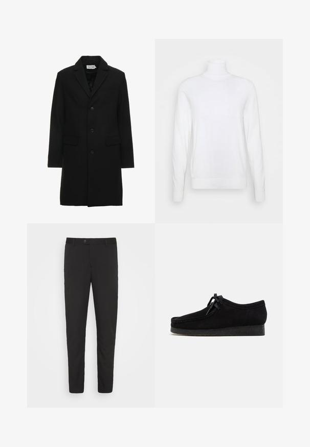 Manteau noir en mélange de laine avec revers à cran, fermeture à bouton simple, deux poches avant et une silhouette ajustée et élégante.; Pull à col roulé blanc avec des manches longues, fabriqué en tissu lisse. Présente un design ajusté et des poignets et un ourlet côtelés. Pas de motifs ni d'accents.; Pantalons noirs taillés avec une coupe droite, poches avant et fermeture à bouton. Fabriqués en tissu lisse avec un léger éclat.; Chaussures en daim noir avec un design à bout arrondi, un laçage à l'avant et une semelle en caoutchouc noir texturé. Tige lisse avec de subtils détails de couture.