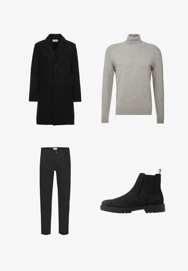 Zwarte wolmix overjas met een gelapt revers, enkelgeknoopt sluiting, twee voorzakken en een slanke, getailleerde silhouette.; Grijze pullover trui met een hoge hals en lange mouwen. Gemaakt van een gladde, zachte stof met een nauwsluitend ontwerp en geribbelde accenten aan de zoom.; Zwarte denim jeans hebben vijf zakken, een ritsluiting, een slim fit en subtiele stikdetails. De stof heeft een gladde textuur.; Pier One by Zalando UNISEX - Lage laarzen - black
