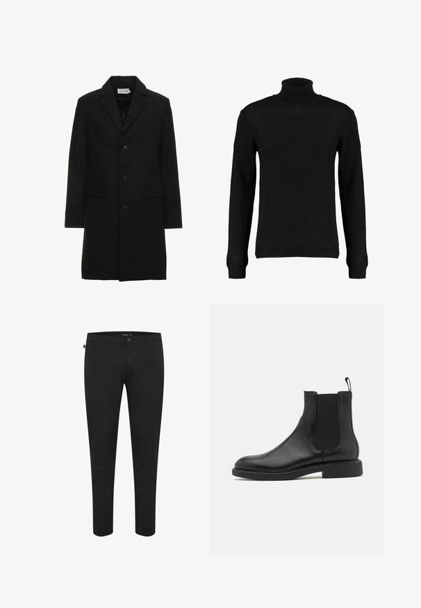 Sort uldblanding frakke med spidse klapper, enknap lukning, to frontlommer og en slank, skræddersyet silhuet.; Sort turtleneck sweater i et glat strikket stof, med lange ærmer og en tætsiddende silhuet. Ribstrikkede manchetter og kant.; Sorte bukser lavet af glat stof. Har en knaplukning, bæltesløjfer og et slim fit-design med tapered ben. Ingen synlige mønstre.; Sort læder ankelstøvle med glat overflade, elastiske sidepaneler og en trækstrop. Rund tå og flad gummisål med minimal mønster.