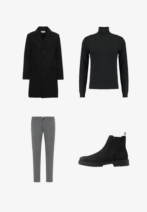Manteau noir en mélange de laine avec revers à cran, fermeture à bouton simple, deux poches avant et une silhouette ajustée et élégante.; Pull à col roulé noir en laine. Il possède des manches longues, des poignets et un ourlet côtelés, une texture lisse et un design ajusté.; Pantalons gris sur mesure en tissu texturé, avec une taille standard dotée de passants de ceinture, une fermeture éclair et un bouton unique.; Pier One by Zalando UNISEX - Bottines - black