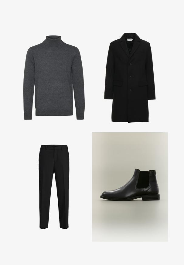 Manteau noir en mélange de laine avec revers à cran, fermeture à bouton simple, deux poches avant et une silhouette ajustée et élégante.; Pull en col roulé gris en tissu tricoté doux. Il dispose d'un col et de poignets côtelés, de manches longues et d'un design simple, sans embellissement.; Pantalons noirs en tissu lisse, présentant une coupe droite, des passants de ceinture et un devant plat sans motifs ni embellissements visibles.; Botte Chelsea en cuir noir avec panneau latéral élastique et talon bas, vue de côté extérieur sur fond neutre.