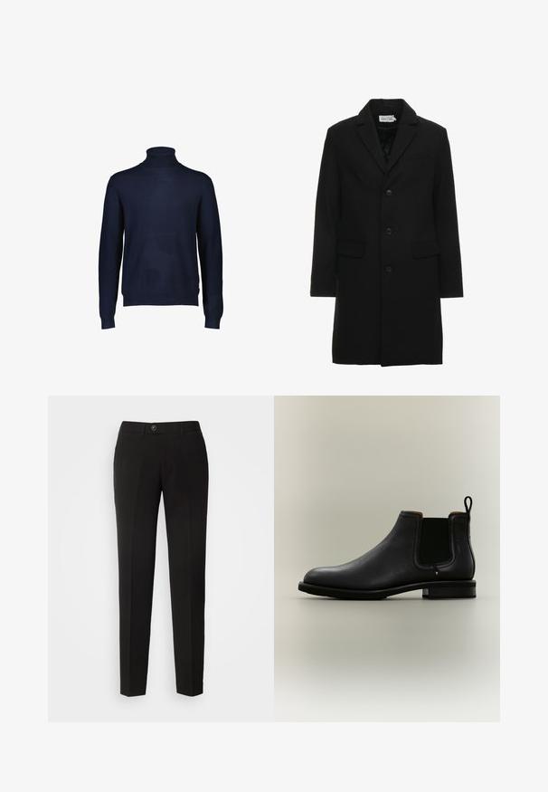 Sort uldblanding frakke med spidse klapper, enknap lukning, to frontlommer og en slank, skræddersyet silhuet.; Mørkeblå turtleneck sweater lavet af et blødt strikstof. Har lange ærmer samt en ribbet krave og kant. Ingen mønstre eller accenter synlige.; Sorte lige bukser lavet af glat stof, med knaplukning og sidelommer i et klassisk design.; Sort læder Chelsea ankelstøvle med elastiske sidepaneler og trækstrop på en lysegrå baggrund.