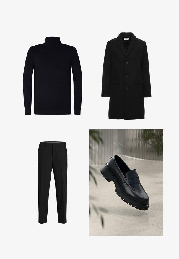 Sort uldblanding frakke med spidse klapper, enknap lukning, to frontlommer og en slank, skræddersyet silhuet.; Sort turtleneck sweater, ribbede manchetter og krave, blødt strikstof, let design, lange ærmer, ingen synlig branding eller mønstre.; Sorte bukser lavet af glat stof, med lige snit, bæltestropper og et fladt frontdesign uden synlige mønstre eller pyntegenstande.; Sorte læder loafers med en chunky sål, der har en dekorativ rem og syninger. Glat tekstur med en poleret overflade.