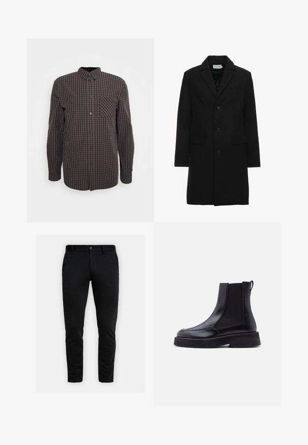 Manteau noir en mélange de laine avec revers à cran, fermeture à bouton simple, deux poches avant et une silhouette ajustée et élégante.; Chemise à manches longues à carreaux bruns et noirs avec un bouton à l'avant, un col pointu et une poche sur la poitrine gauche. Tissu en coton avec une texture lisse.; Pantalon noir ajusté avec passants de ceinture, fermeture à bouton à l'avant et poches latérales, présenté sur fond gris clair.; Botte Chelsea en cuir noir avec semelle épaisse, panneau latéral élastique et languette de traction sur fond blanc uni.