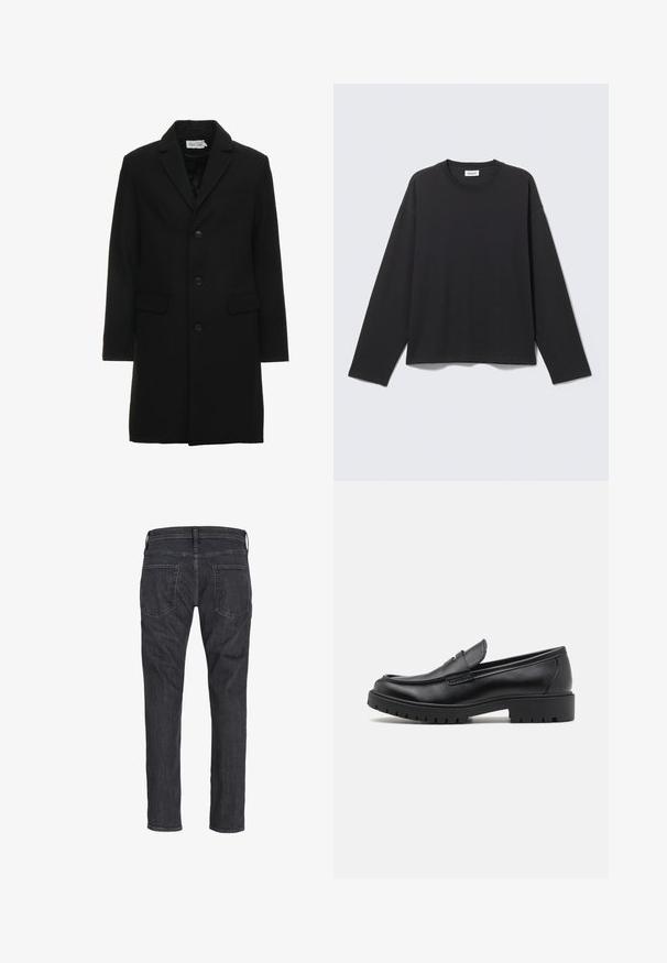 Zwarte wolmix overjas met een gelapt revers, enkelgeknoopt sluiting, twee voorzakken en een slanke, getailleerde silhouette.; Zwart shirt met lange mouwen en ronde hals, eenvoudige, losse pasvorm, plat gelegen op een lichtgrijze achtergrond.; Donkergrijze jeans met rechte pijpen, gezien van achteren, met twee achterzakken en riemlussen op de tailleband.; Zwarte leren instappers met een ronde neus, slip-on ontwerp en dikke rubberen zool met een gestructureerde grip. Verhoogde hak en subtiele stikdetails.
