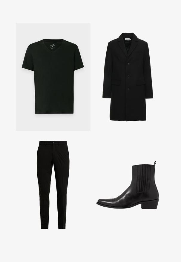 Schwarzer Wollmischungs-Mantel mit Reverskragen, einreihiger Knopfverschluss, zwei Fronttaschen und einer eleganten, taillierten Silhouette.; Schwarzes Armani Exchange Herren Baumwoll-T-Shirt mit kurzen Ärmeln und V-Ausschnitt, Größe M, flach auf weißem Hintergrund präsentiert.; Schwarze, maßgeschneiderte Hosen aus glattem Stoff, mit flachem Frontbereich, zwei Seitentaschen und einem einzigen Knopfverschluss.; Schwarze Leder- ankle boot mit spitzem Zehenbereich, elastischen Seitenpaneelen, vertikalen Steppnähten und einem niedrigen Blockabsatz.