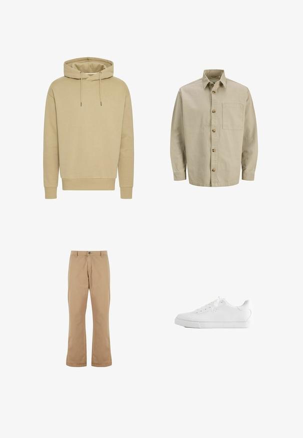 Beige skjorte med knapper, krave, lange ærmer og en brystlomme; lavet af et struktureret stof med træknapper.; Khaki hættetrøje, blanding af bomuld, ribbede manchetter og kant, justerbare snore, glat tekstur, afslappet pasform, ingen synlige mønstre.; Beige bomuldsbukser med lige pasform, der har knaplukning, forlommer og en glat tekstur.; Hvid lavtop sneakers med snørebånd, glat læderoverdel og flad gummiå sole set fra siden på en hvid baggrund.
