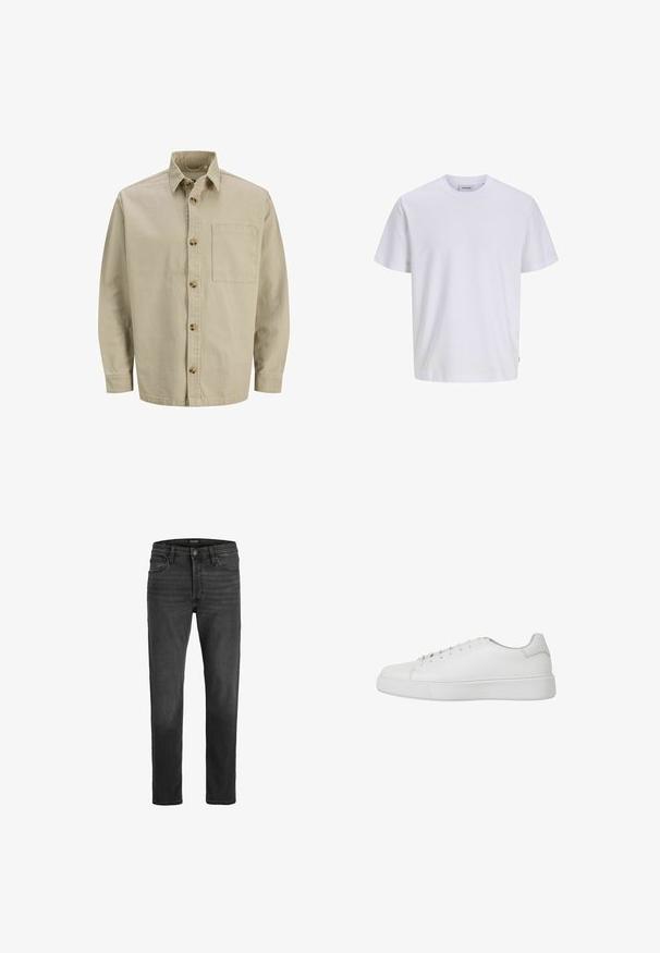 Beige skjorte med knapper, krave, lange ærmer og en brystlomme; lavet af et struktureret stof med træknapper.; Enkelt hvid T-shirt med korte ærmer og rund halsåbning, med en lige kant forneden, vist på en hvid baggrund.; Sorte denim jeans med lige pasform, fem-lomme design og lynlås. Har diskret falmning og kontrastsyninger.; Hvide sneakers lavet af glat læder med afrundet tå, syede detaljer og flad gummisål. Minimalistisk design med snørebånd.