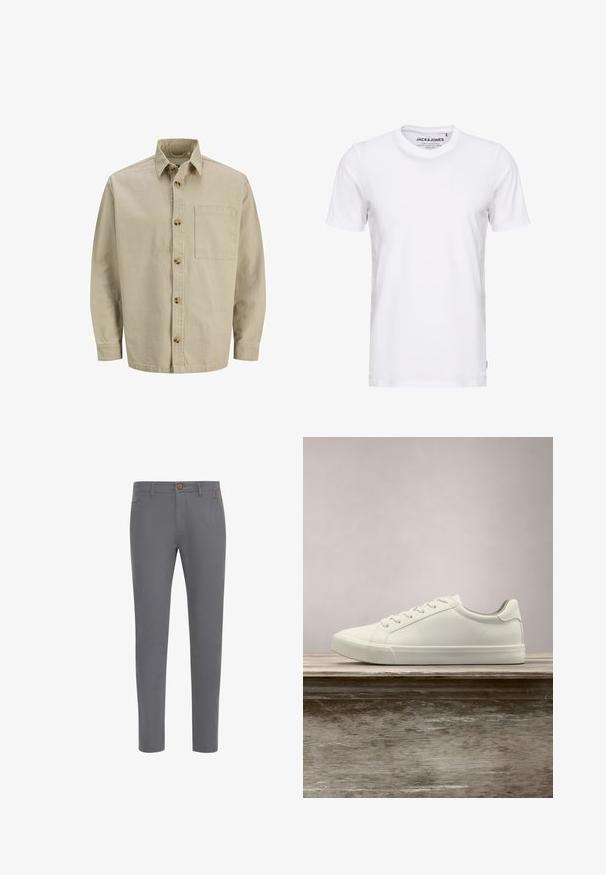 Beige overhemd met knopen, met een kraag, lange mouwen en een borstzak; gemaakt van een textured stof met houten knopen.; Witte korte mouwen t-shirt van katoen, met een ronde hals en een eenvoudig ontwerp. Merktag zichtbaar op het nekgebied. Geen patronen of accenten.; Grijze katoenen broek met een aansluitend ontwerp, voorzien van een knoopsluiting, standaardzakken en een gladde textuur.; Witte vetersneaker die boven een houten bank zweeft met groene bladeren op de achtergrond, waarbij het ontwerp en de textuur van de schoen worden getoond.