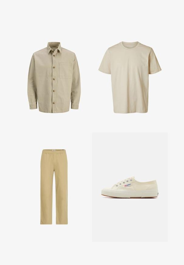 Chemise beige à manches longues avec col et poche poitrine ; faite d'un tissu texturé avec des boutons en bois.; T-shirt beige uni à manches courtes et col rond, coupe décontractée, présenté sur fond blanc.; Pantalon beige léger avec une ceinture élastique, coupe droite, texture lisse, doté de poches latérales et d'une coupe décontractée.; Baskets en toile beige au design épuré, œillets en métal et semelle en caoutchouc. Présente un motif texturé et un détail de logo sur le côté.