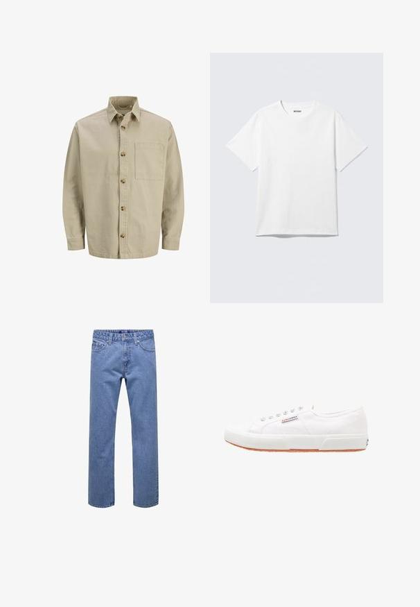 Chemise beige à manches longues avec col et poche poitrine ; faite d'un tissu texturé avec des boutons en bois.; T-shirt blanc à manches courtes et col rond, étalé à plat, design uni, avec l'étiquette "WEEKDAY" à l'intérieur du col sur un fond clair.; Jean droit en denim bleu avec bouton et fermeture éclair à l'avant, passants pour ceinture, et poches avant et arrière.; Baskets en toile blanches avec une semelle en caoutchouc, design à lacets et une petite étiquette logo sur le côté. Tige blanche texturée et semelle extérieure marron.
