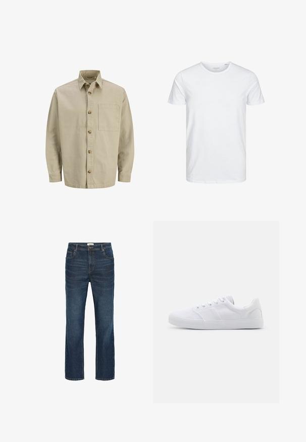 Beige skjorte med knapper, krave, lange ærmer og en brystlomme; lavet af et struktureret stof med træknapper.; Rundhals kortærmet t-shirt i ensfarvet hvid, lavet af blød bomuld, har et simpelt design uden synlige mønstre eller detaljer.; Mørkeblå denim jeans med lige snit, fem lommer, kontrasterende syninger og en talje med en metalknap og bæltesløjfer.; Hvide lærreds sneakers med gummisål, der har seks snørehuller, en struktureret tåkap og et minimalistisk design.