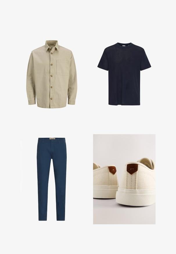 Camisa beige de botones con cuello, mangas largas y un bolsillo en el pecho; hecha de una tela texturizada con botones de madera.; Camiseta de manga corta azul marino con textura de malla transpirable, cuello redondo y corte relajado. Diseño minimalista, sin gráficos visibles.; Pantalones de hombre con corte ajustado en azul marino, con pasadores para cinturón, cierre frontal de botón y bolsillos laterales, presentados sobre un fondo blanco.; Zapatillas de lona en color crema con acabado texturizado, que presentan detalles en cuero marrón en el talón y una suela de goma.