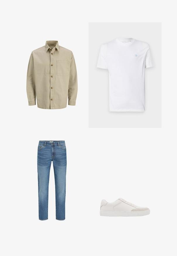 Beige Hemdbluse mit Kragen, langen Ärmeln und einer Brusttasche; aus einem strukturierten Stoff mit Holzknöpfen gefertigt.; Weißes Baumwoll-T-Shirt mit rundem Halsausschnitt und kurzen Ärmeln, mit einem hellblauen Logo auf der linken Brust. Glatte Textur, schlichtes Design.; Hellblaue Jeans aus Denim mit klassischem geradem Bein, ausgestattet mit fünf Taschen, Metallknopfverschluss und leichtem Verblassen des Stoffes.; Weißer Sneaker mit niedrigem Schnitt, Schnürvorderseite und Gummisohle, mit dezenten Nähten und Wildlederdetails im Zehenbereich.
