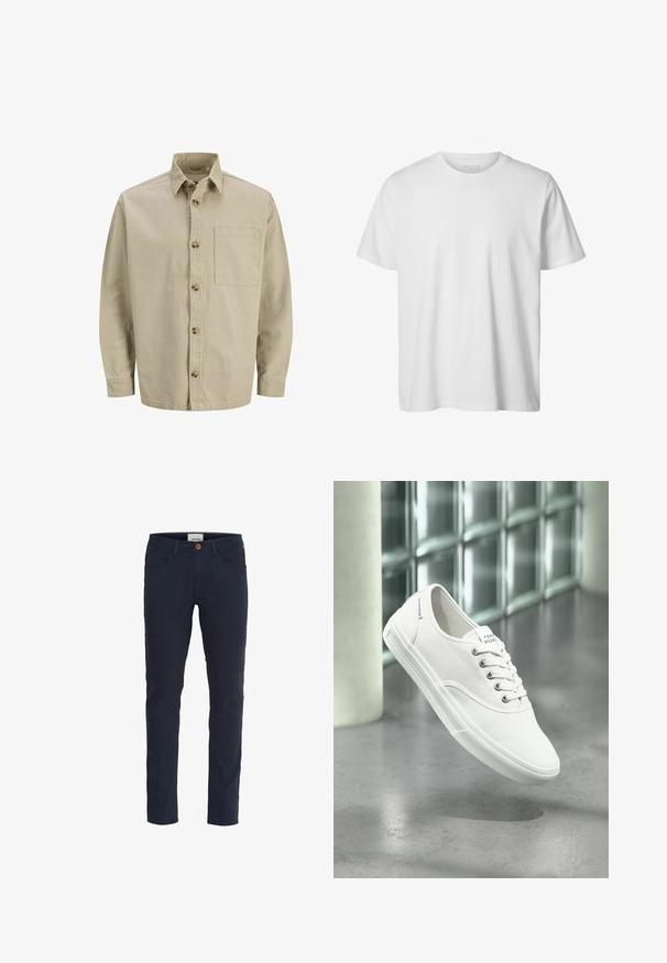 Camisa beige de botones con cuello, mangas largas y un bolsillo en el pecho; hecha de una tela texturizada con botones de madera.; Camiseta blanca lisa de manga corta con cuello redondo, corte holgado y sin logos o diseños visibles en el frente.; Pantalones azul marino hechos de una mezcla de algodón. Diseño ajustado con cinco bolsillos, cierre de botón y una textura suave.; Zapatilla blanca de lona baja con cordones, etiquetada como Tommy Hilfiger, mostrada flotando sobre un suelo gris liso cerca de una pared de bloques de vidrio.