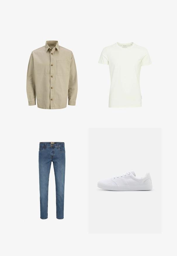 Beige overhemd met knopen, met een kraag, lange mouwen en een borstzak; gemaakt van een textured stof met houten knopen.; Witte t-shirt met korte mouwen, gemaakt van zachte katoen. Beschikt over een ronde halslijn en een rechte zoom. Minimalistisch ontwerp zonder patronen of accenten.; Blauwe denim jeans met een slim fit, vijf zakken, een knoop- en ritssluiting en contrasterende stiksels. Gladde textuur met een vervaagd uiterlijk.; Witte canvas sneakers met een rubberen zool, voorzien van zes oogjes, een gestructureerde neuskap en een minimalistisch ontwerp.