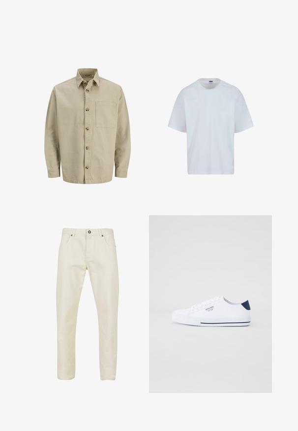 Beige Hemdbluse mit Kragen, langen Ärmeln und einer Brusttasche; aus einem strukturierten Stoff mit Holzknöpfen gefertigt.; Weißes Baumwoll-T-Shirt mit rundem Halsausschnitt, kurzen Ärmeln und geradem Schnitt. Verfügt über dezente Nähte an den Schultern.; Beige Baumwollhose mit glatter Textur, geradem Schnitt, fünf Taschen Design und metallenem Knopfverschluss an der Taille.; Weiße Canvas-Sneaker mit navyblauem Fersenakzent, flacher Gummisohle, runder Zehenpartie und weißen Schnürsenkeln. Mit Logo an der Seite.