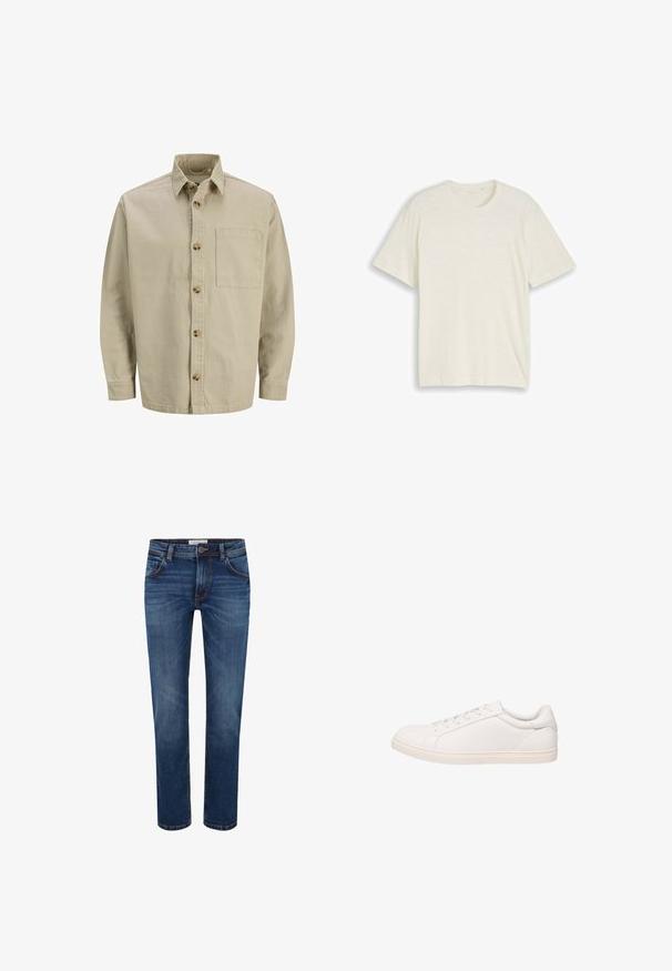 Beige skjorte med knapper, krave, lange ærmer og en brystlomme; lavet af et struktureret stof med træknapper.; Enkelt kortærmet t-shirt med rund hals i lys beige med et subtilt tekstureret stof, lagt fladt på en hvid baggrund.; Mørkeblå denim jeans med lige ben, fem lomme-design og kontraststing. Standard talje med knaplukning.; Hvid lavt sneakersko med snørelukning og flad sål, vist i sideprofil på hvid baggrund.