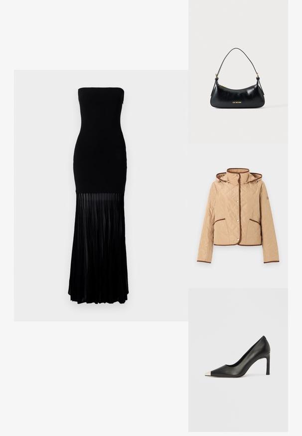 Veste matelassée beige avec bordure marron, fermeture à boutons-pression, deux poches avant, manches longues et capuche attachée.; Robe noire sans bretelles avec un corsage ajusté et une jupe plissée fluide. Fabriquée dans un tissu lisse, la partie inférieure présente des plis verticaux.; Chaussure à talon haut en cuir noir avec bout pointu et capuchon argenté métallique. Présente une finition lisse et un talon fin de 10 cm.; Sac d'épaule en cuir noir avec fermeture éclair dorée et logo "LOVE MOSCHINO" sur le devant, doté d'une poignée supérieure incurvée.