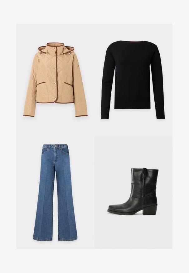 Beige quiltet jakke med brune kantdetaljer, trykknapper, to forlommer, lange ærmer og hætte.; Sort langærmet crew neck-pullover med et enkelt, tætsiddende design på en lys grå baggrund.; Blå jeans med vide ben, forlommer, bæltestropper, knaplukning og synlige syninger på en ensfarvet lys baggrund.; Sort læder ankelstøvle med rundt tå, blokhæl, lynlås i siden og stikninger på vampsiden. Glat tekstur, klassisk design.