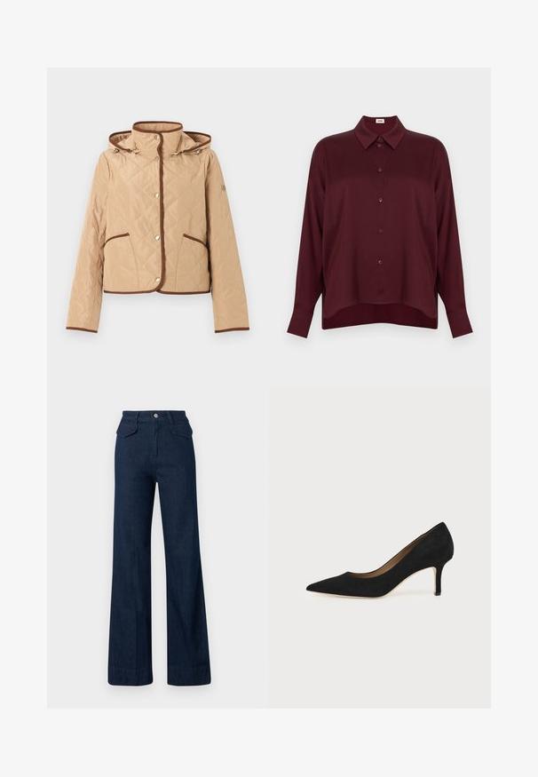 Veste matelassée beige avec bordure marron, fermeture à boutons-pression, deux poches avant, manches longues et capuche attachée.; Chemise bordeaux à manches longues avec col boutonné et boutons sur le devant ; tissu lisse semblable à du satin ; coupe légèrement décontractée avec fentes sur les côtés.; Jean en denim à jambes larges de couleur bleu foncé avec une taille haute, fermeture à boutons devant et deux poches arrière. Texture lisse et coupe ajustée.; Escarpin en daim noir à bout pointu avec un talon stiletto fin de hauteur moyenne et un design à coupe basse sur un fond uni.