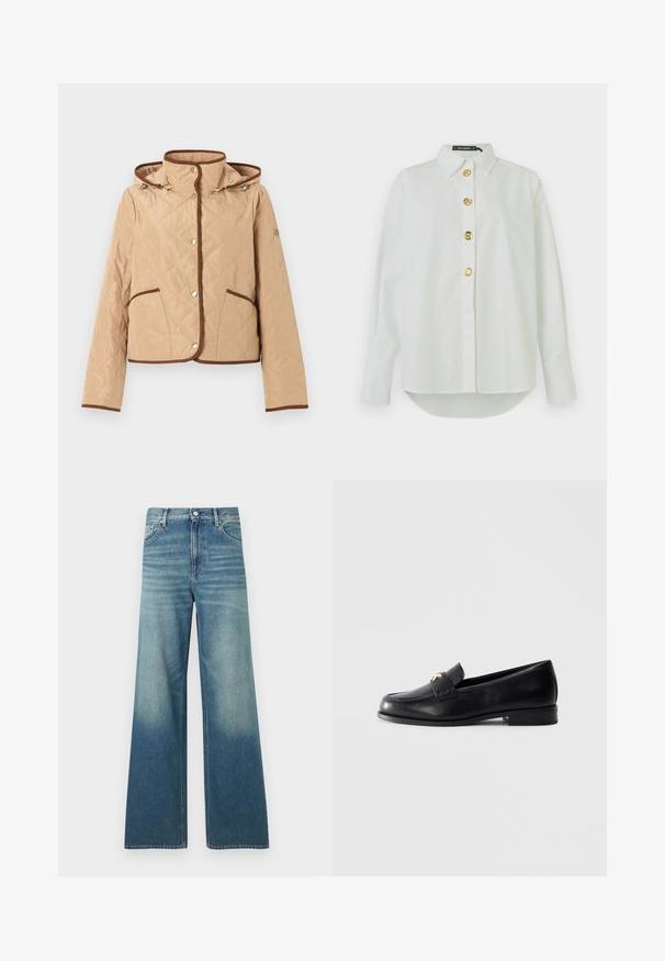 Veste matelassée beige avec bordure marron, fermeture à boutons-pression, deux poches avant, manches longues et capuche attachée.; Chemise blanche en coton à manches longues avec un col classique, fermeture frontale à cinq boutons dorés et ourlet arrondi. Texture lisse avec une coupe ajustée.; Jean en denim bleu taille haute avec une coupe large, poches avant, fermeture par boutons et détails délavés sur les cuisses et le bas des jambes.; Mocassin en cuir noir avec un petit talon et un emblème décoratif en or sur la sangle, présenté sur un fond gris clair uni.