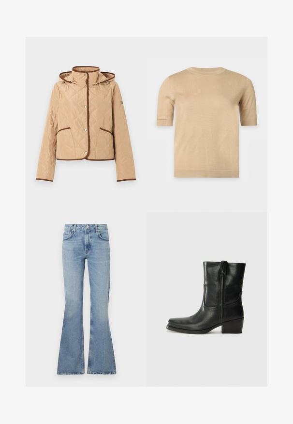 Beige quiltet jakke med brune kantdetaljer, trykknapper, to forlommer, lange ærmer og hætte.; Beige striktrøje med korte ærmer, rund halsudskæring og lige kant, vist på en ensfarvet lys baggrund.; Lys blå, flagrende jeans lavet af denim, med høj talje, fem-lomme-design og subtil falming i hele stoffet.; Sort læder ankelstøvle med rundt tå, blokhæl, lynlås i siden og stikninger på vampsiden. Glat tekstur, klassisk design.