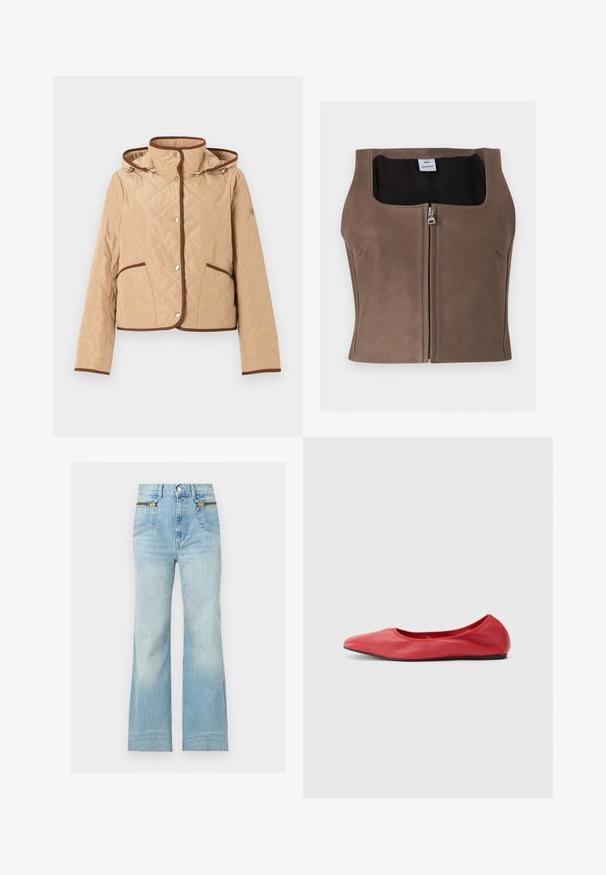 Veste matelassée beige avec bordure marron, fermeture à boutons-pression, deux poches avant, manches longues et capuche attachée.; Veste courte marron sans manches en cuir synthétique avec fermeture éclair devant et encolure carrée, doublure intérieure noire et étiquette de la marque à l'intérieur.; Jean bleu clair taille haute à jambes larges avec poches avant dotées de détails de fermeture éclair dorés et fermeture par bouton à la taille.; Filippa K REY FLATS - Ballerines - bright red
