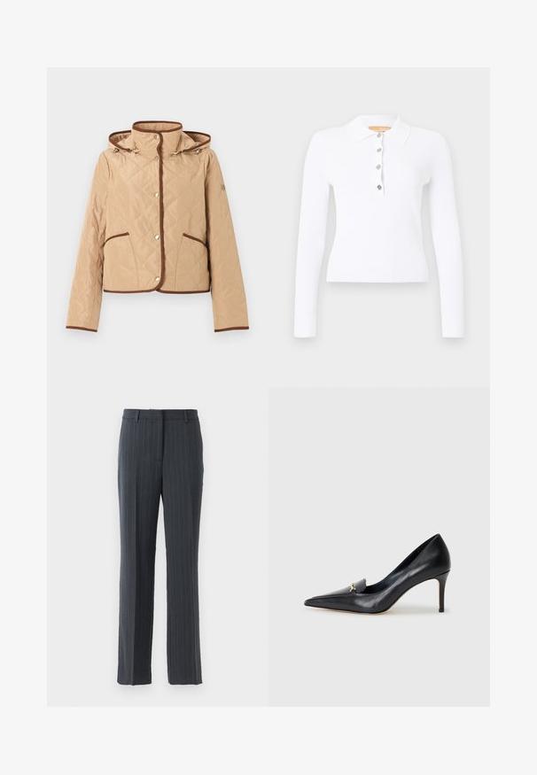 Chaqueta acolchada beige con ribete marrón, cierre de botones a presión, dos bolsillos delanteros, mangas largas y capucha adjunta.; Polo de manga larga blanco con textura acanalada, cuello y cuatro botones plateados en la tapeta.; Pantalones de traje rectos de color gris oscuro con rayas, con trabillas y cierre de cremallera frontal sobre un fondo blanco.; Zapato de piel negra con punta afilada, escote bajo y un detalle decorativo dorado. Cuenta con un tacón de aguja y textura suave.