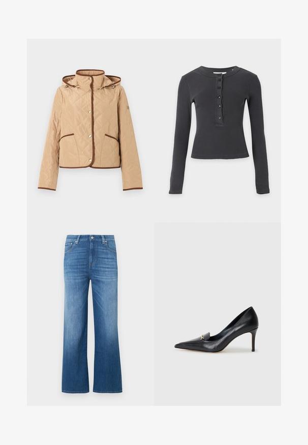 Beige quiltet jakke med brune kantdetaljer, trykknapper, to forlommer, lange ærmer og hætte.; Langærmet, mørkegrå ribstrikket skjorte med rund hals og fem sorte knapper ned langs fronten.; Vidbenede denimjeans i lyseblå. Har høj talje, knaplukning og kontrastsyninger. Glat tekstur med let falmning.; Sorte læderpumps med spids tå, lav udskæring og dekorativ guldaccent. Har en stiletthæl og glat tekstur.