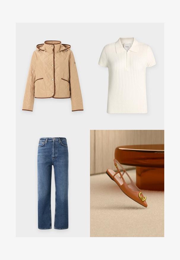Beige quiltet jakke med brune kantdetaljer, trykknapper, to forlommer, lange ærmer og hætte.; Hvid kortærmet ribstrikket poloshirt med lynlås foran og en blød krave, vist på en neutral baggrund.; Høj talje denim jeans i blå, med lige ben, fem lommer og hardware i kobberfarve. Glat tekstur og klassisk design.; Brun læder slingback flad sko med spids tå og gyldent sammenlåst C-logo på beige tæppe nær et brunt bord.
